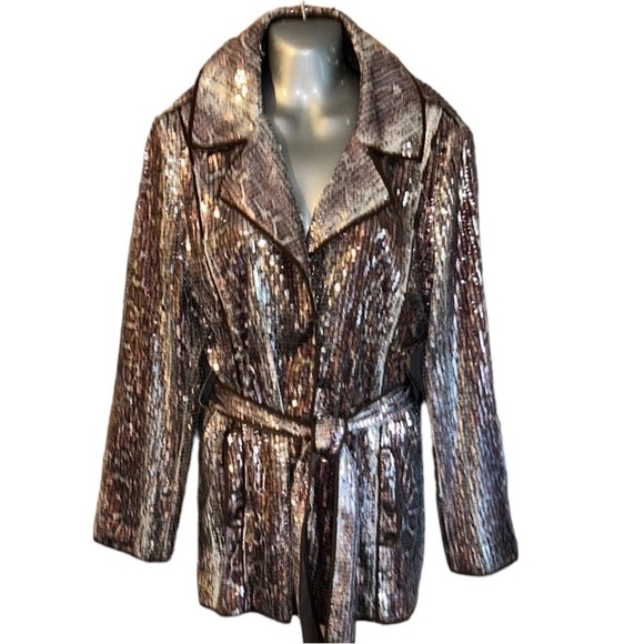 CHICO'S All Over Sequin Blazer Snap Closure with Tie Belt Jacket Size 2 Large - Picture 2 of 9